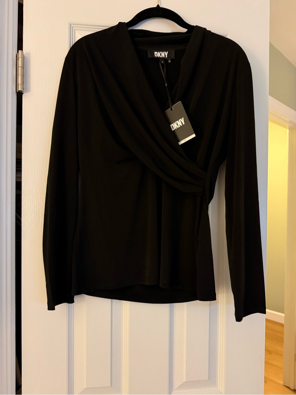 DKNY Black Long Sleeve Wrap-Front Top
